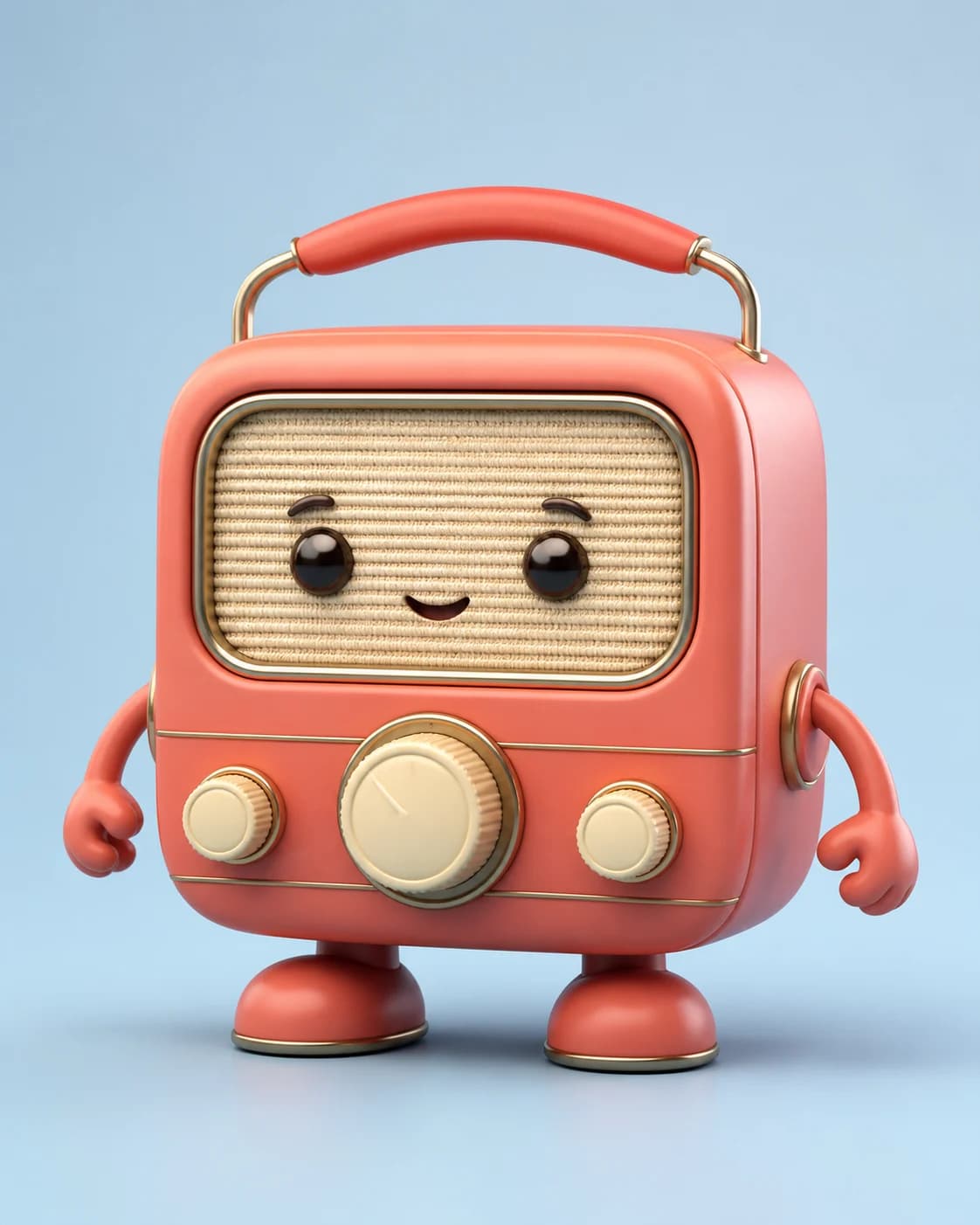 A coral-red retro radio transformed into a playful 3D cartoon character, rounded casing, a simple expressive face, polished p