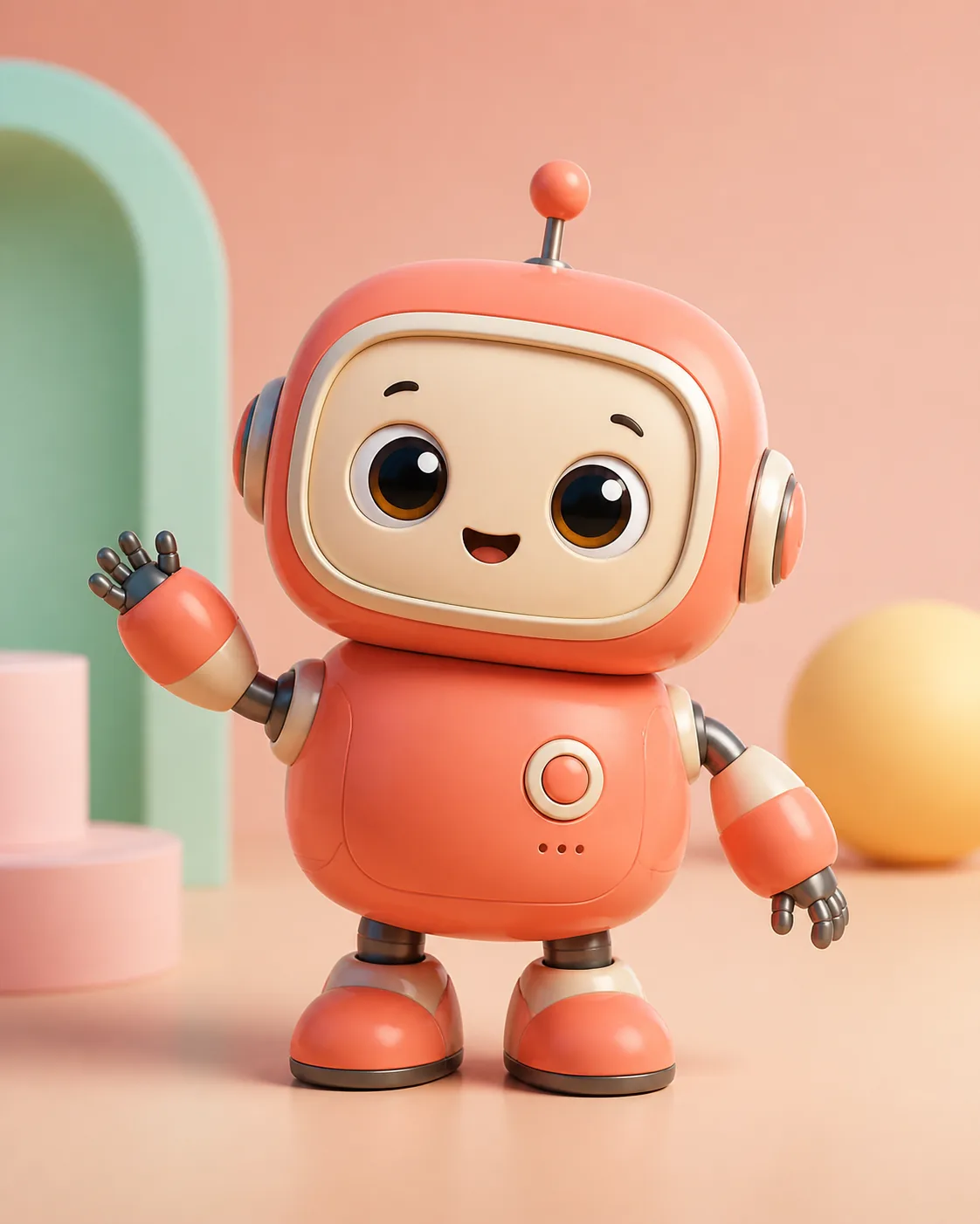 A charming 3D cartoon toy robot with a rounded coral body, cream face screen, friendly expressive eyes, polished plastic mate