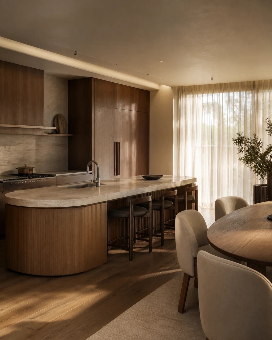 3D render AI prompt real output: Realistic interior render of a minimalist kitchen and dining area, pale-oak cabinetry, a nat