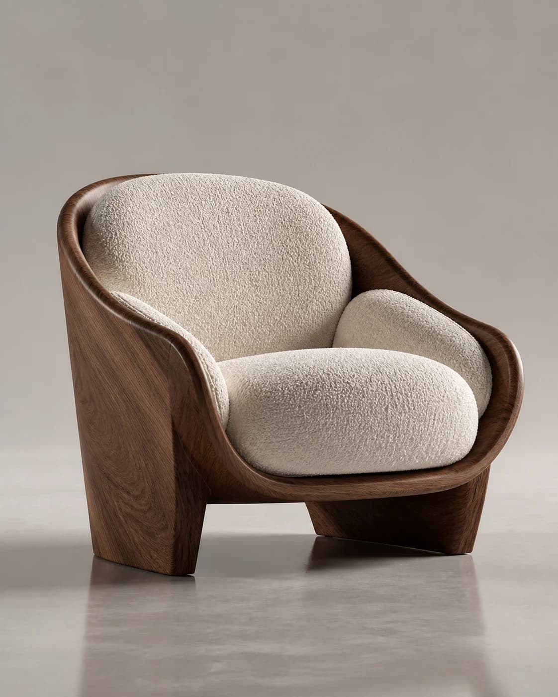 3D render AI prompt real output: Premium 3D product render of a sculptural modern lounge chair, ivory woven upholstery with a