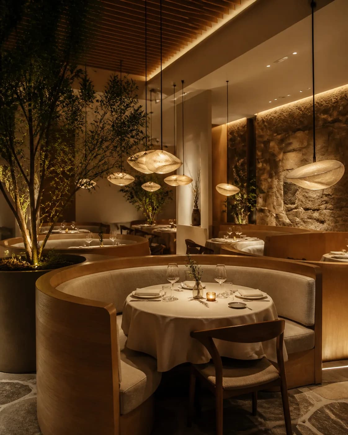 3D render AI prompt real output: Photorealistic 3D interior visualization of a refined contemporary restaurant with curved oa