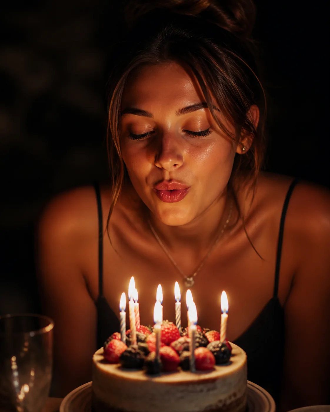 A close portrait of a fictional adult woman blowing out birthday candles, warm candlelight illuminating a naturally joyful ex