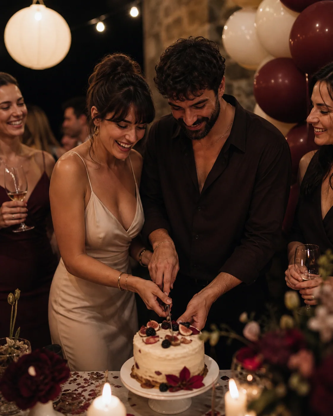 An adult woman and her adult partner laughing together as they cut a small elegant birthday cake, close friends gathered arou