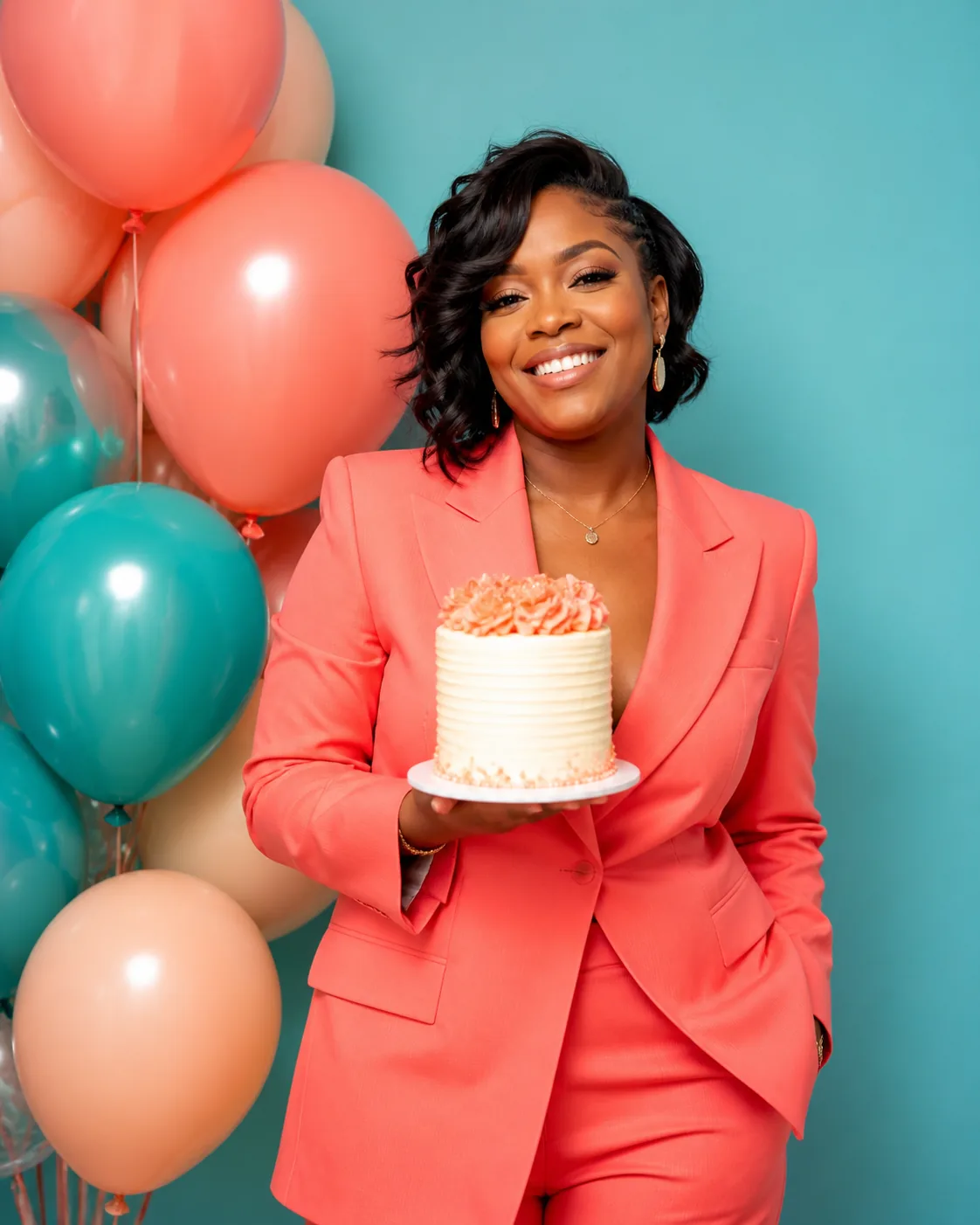 A fictional adult woman holding a birthday cake in a bright colorful studio with coral, blue, and cream geometric decorations
