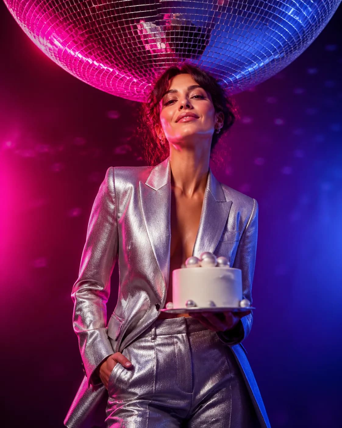 Fictional adult friends dancing at a retro disco-inspired birthday party, a silver mirror ball and colored lights creating an