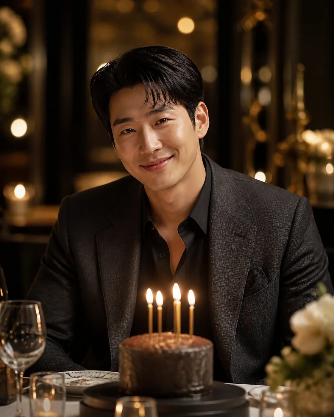 AI birthday photo prompt real output: A fictional adult man smiling at an elegant restaurant birthday dinner, a small cake an