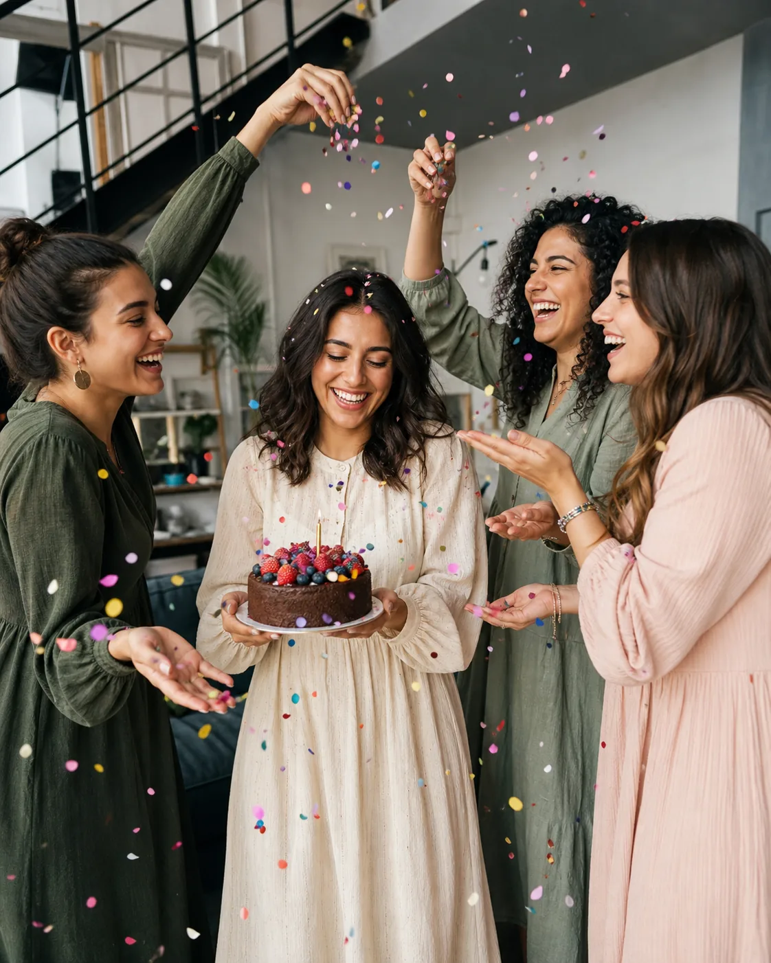 A group of fictional adult friends cheering around the birthday guest as confetti falls, soft balloons and warm lights behind