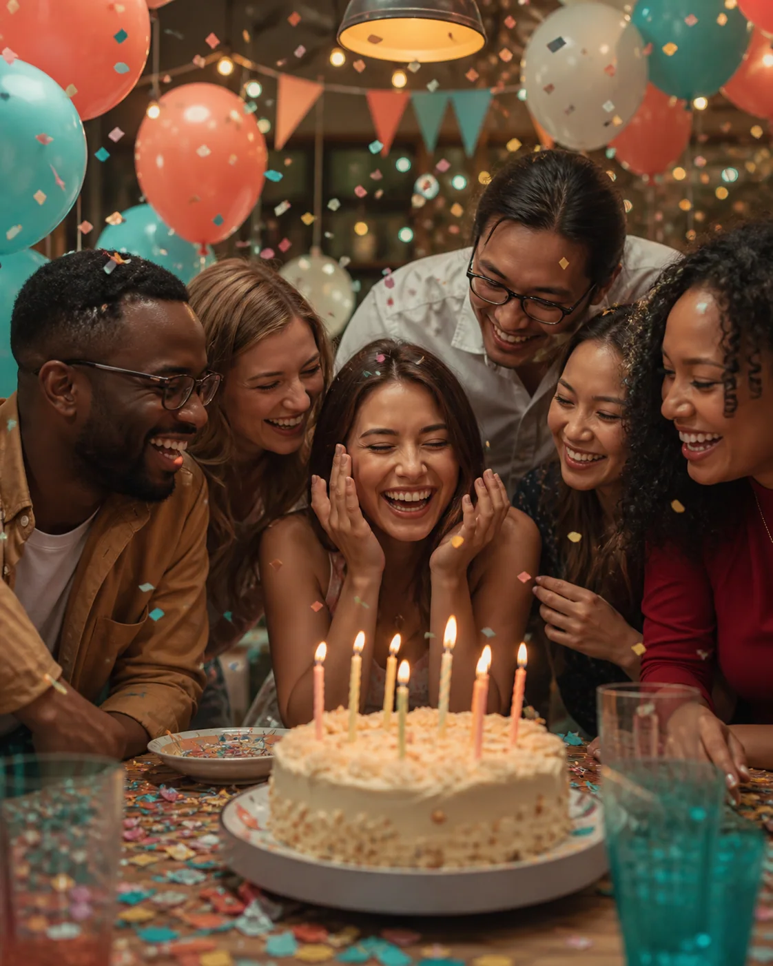 A diverse group of adult friends laughing together around a birthday cake, tasteful coral, teal, and cream decorations, confe