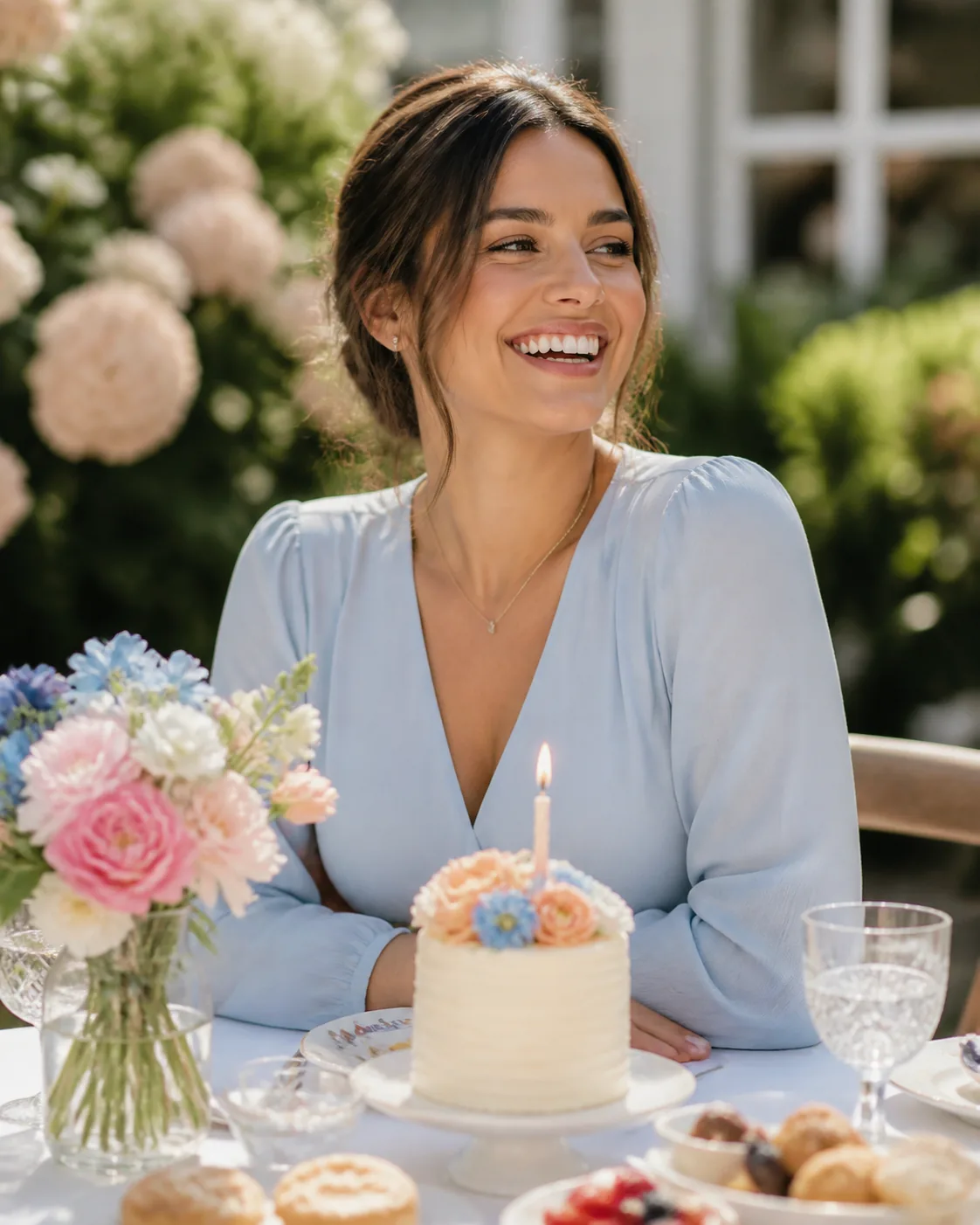 A group of fictional adult friends enjoying an elegant birthday brunch in a green garden, a small cake, flowers, and pale tab