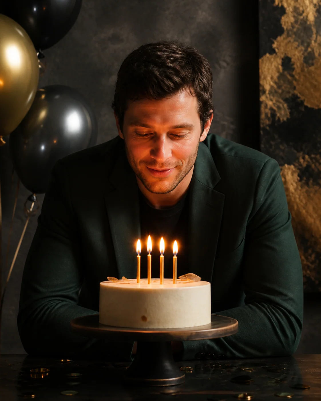 An adult man in a tailored dark-green jacket making a wish over a minimalist birthday cake, soft candlelight shaping his face