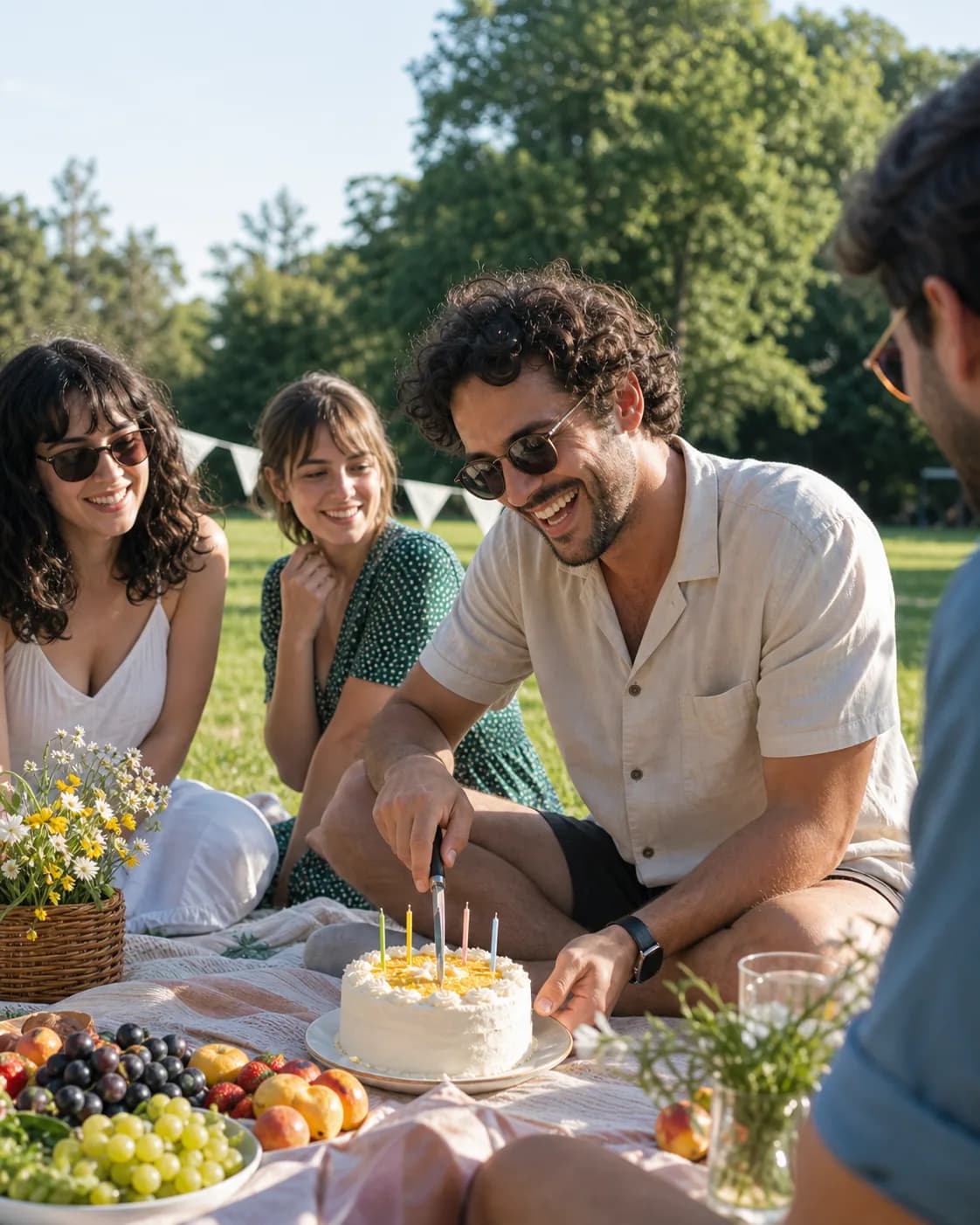 AI birthday photo prompt real output: A fictional adult man cutting a birthday cake at an outdoor picnic while adult friends 