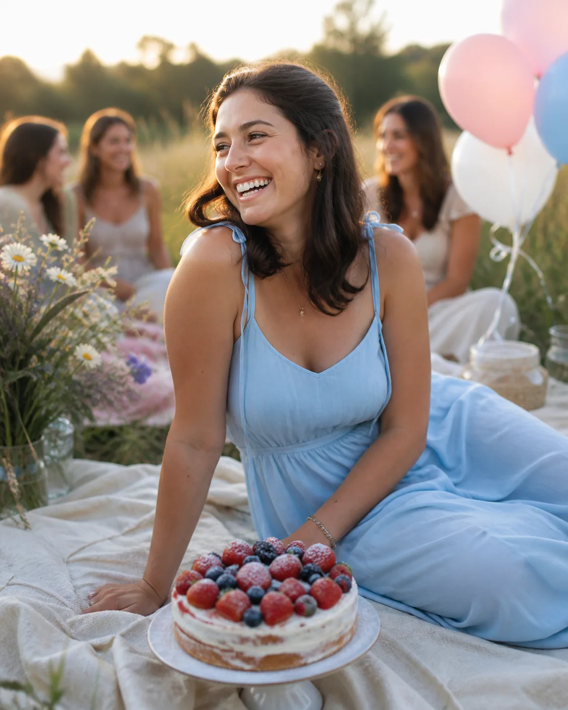 An adult woman in a soft sky-blue dress seated on a cream picnic blanket beside a small berry birthday cake, pastel balloons 