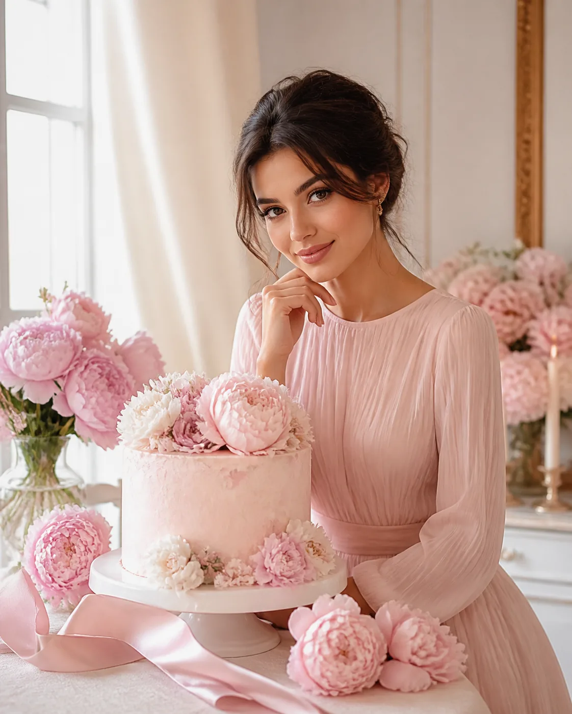 A fictional adult woman in a soft pink dress standing in an elegant floral birthday setting, a cream cake, dusty-pink flowers