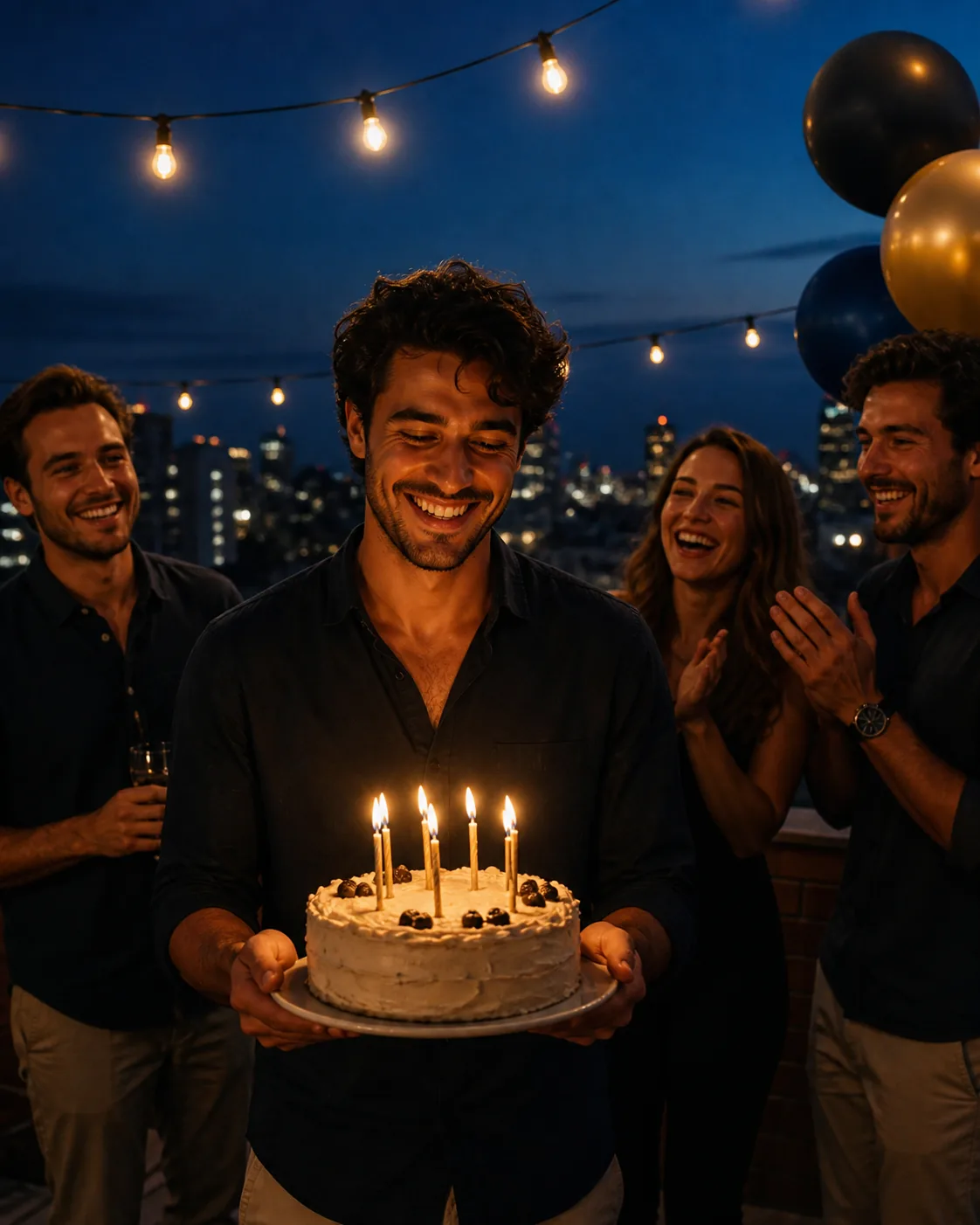 A group of fictional adult friends celebrating a birthday on a rooftop at blue hour, warm string lights and soft city bokeh a