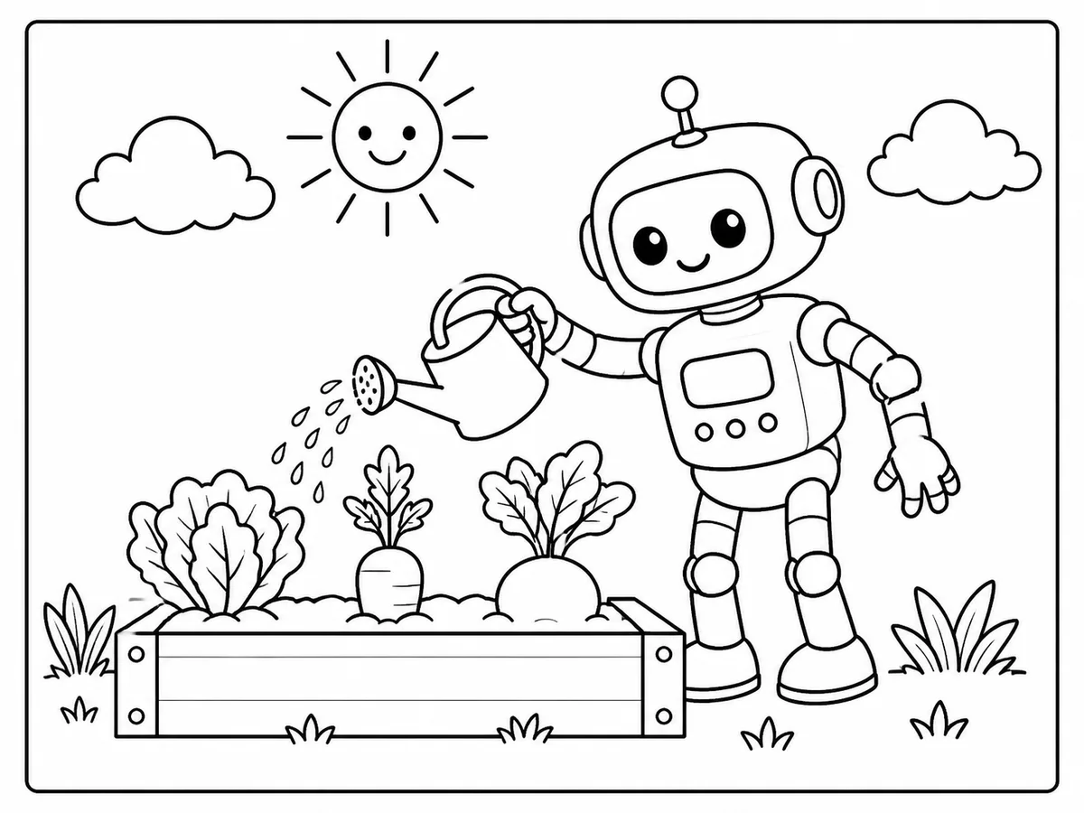 Black-and-white printable coloring page with a complete gardening robot