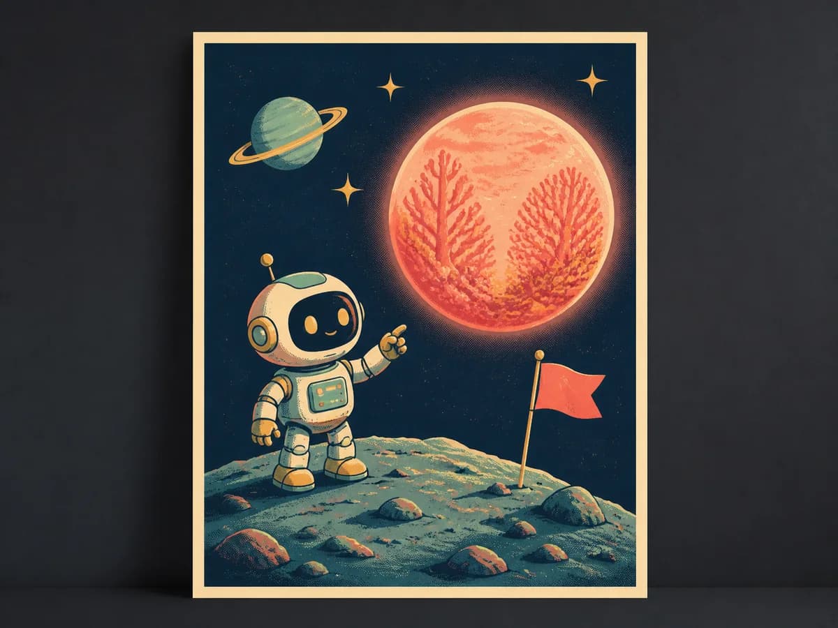 Complete decorative space poster with an explorer robot and coral planet