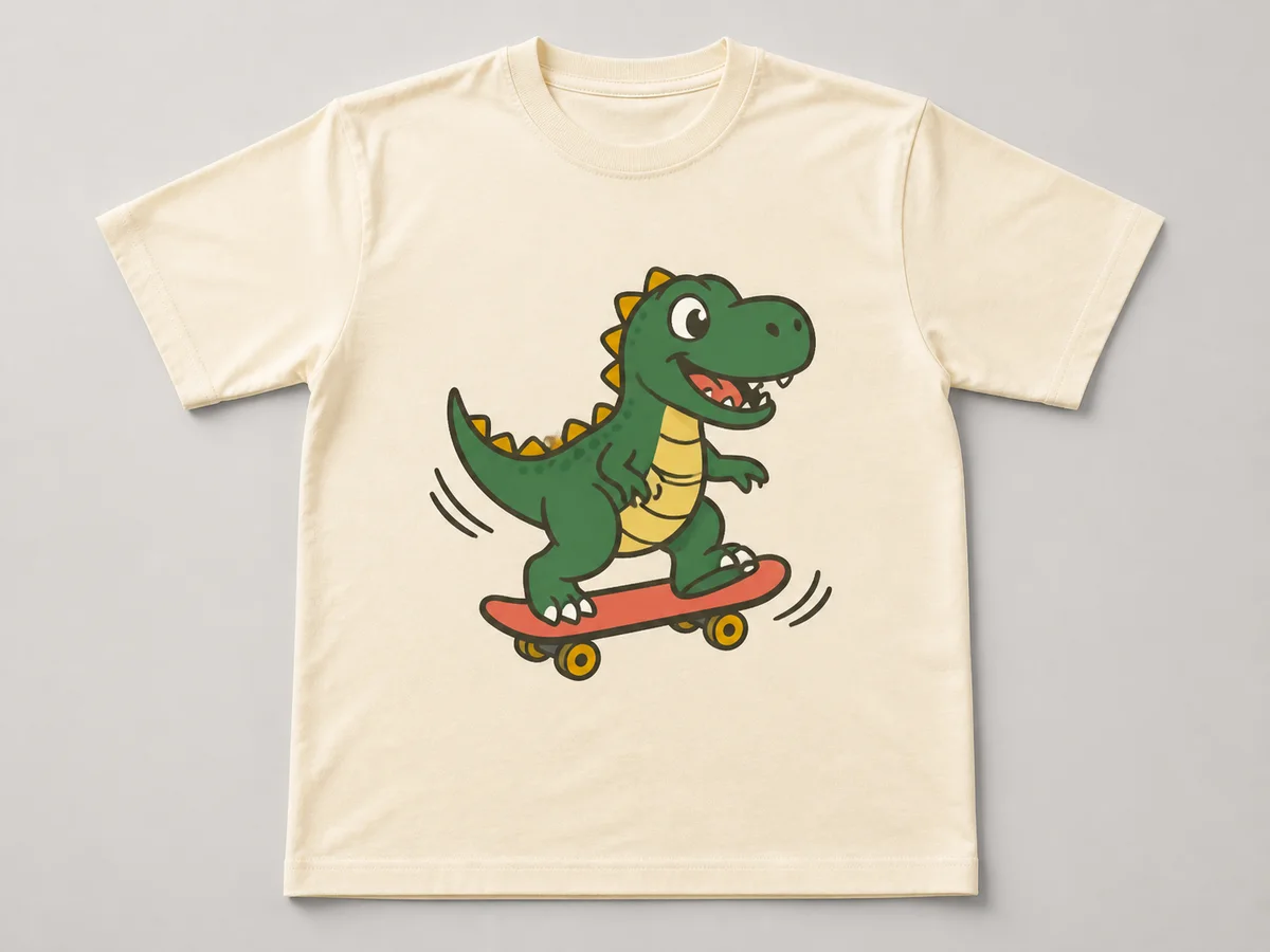 Complete cream T-shirt mockup with a centered skateboarding dinosaur cartoon