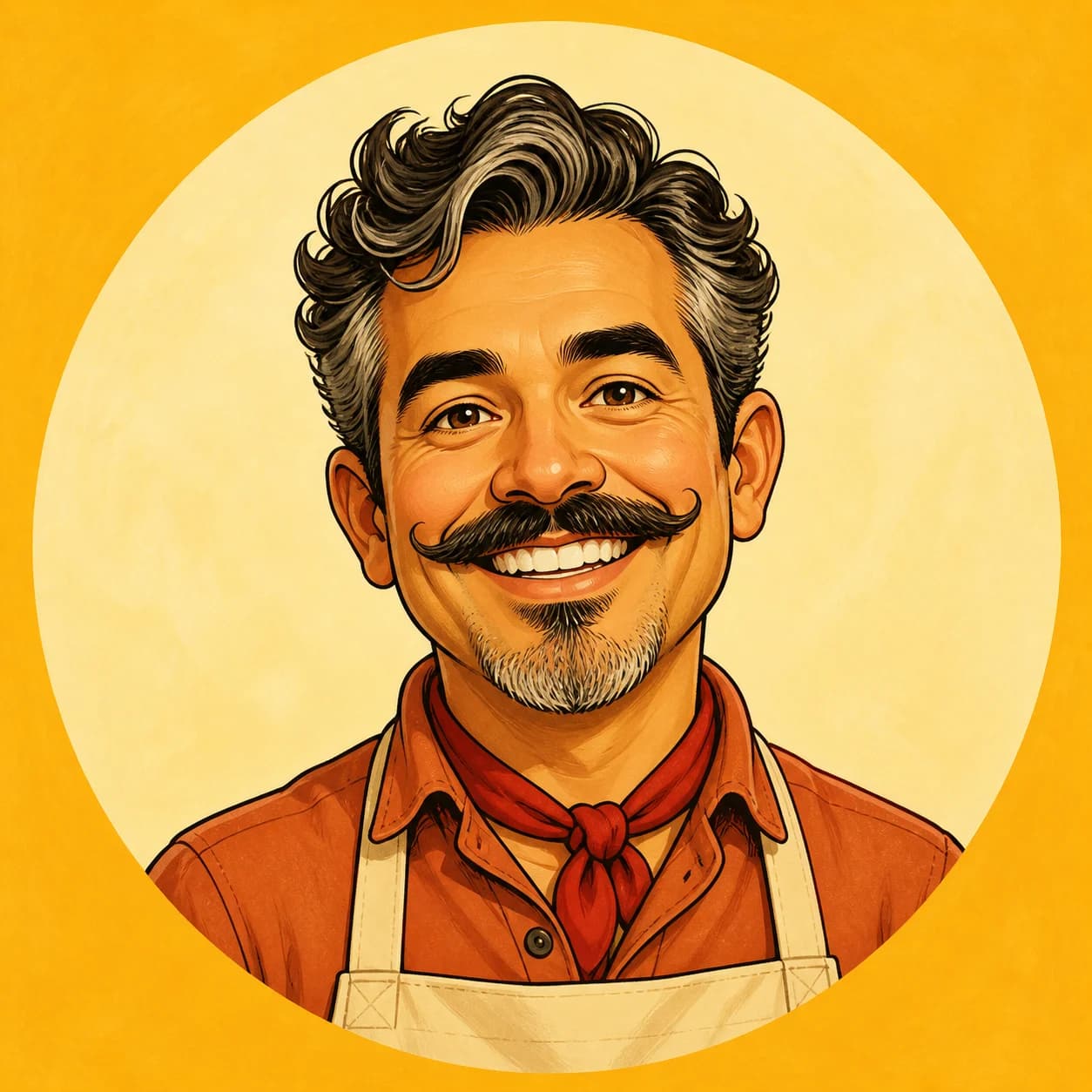 Flattering caricature cartoon profile picture of a smiling chef