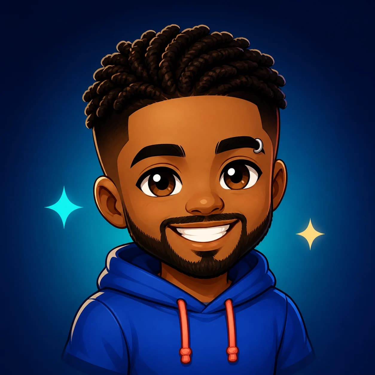 Chibi cartoon gaming avatar in a cobalt-blue hoodie