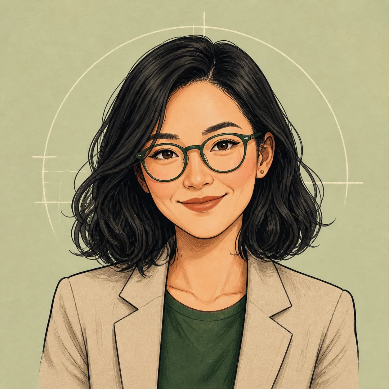 Hand-drawn cartoon profile picture of an architect with green glasses