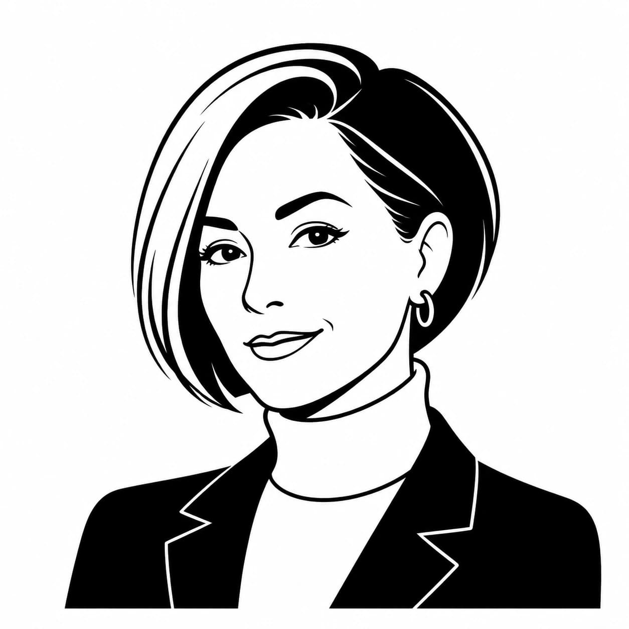Transform the uploaded portrait into a minimalist black-and-white creator avatar while preserving the woman's asymmetric chin
