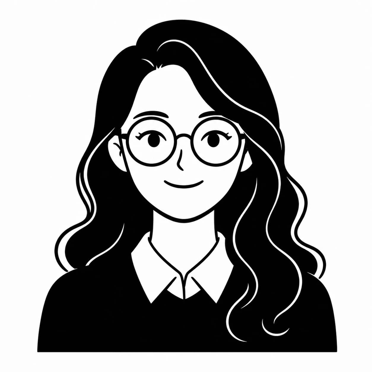 Transform the uploaded portrait into a minimalist black-and-white social avatar while preserving the woman's long side-parted