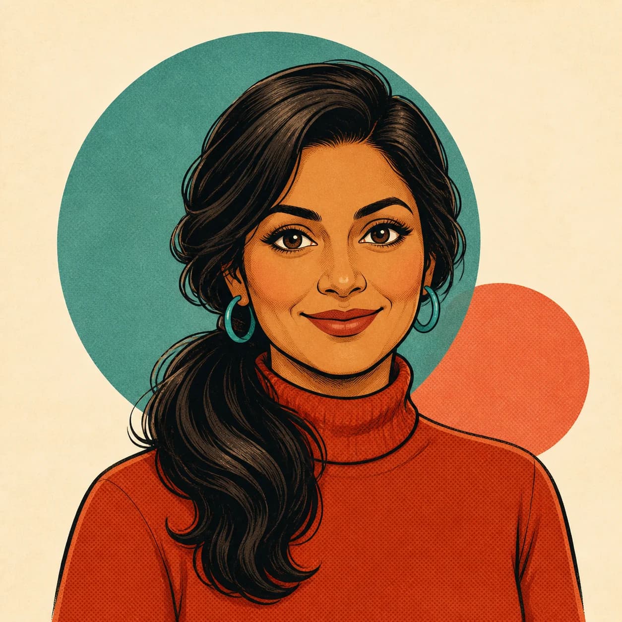 Retro cartoon creator avatar with teal and coral geometric shapes