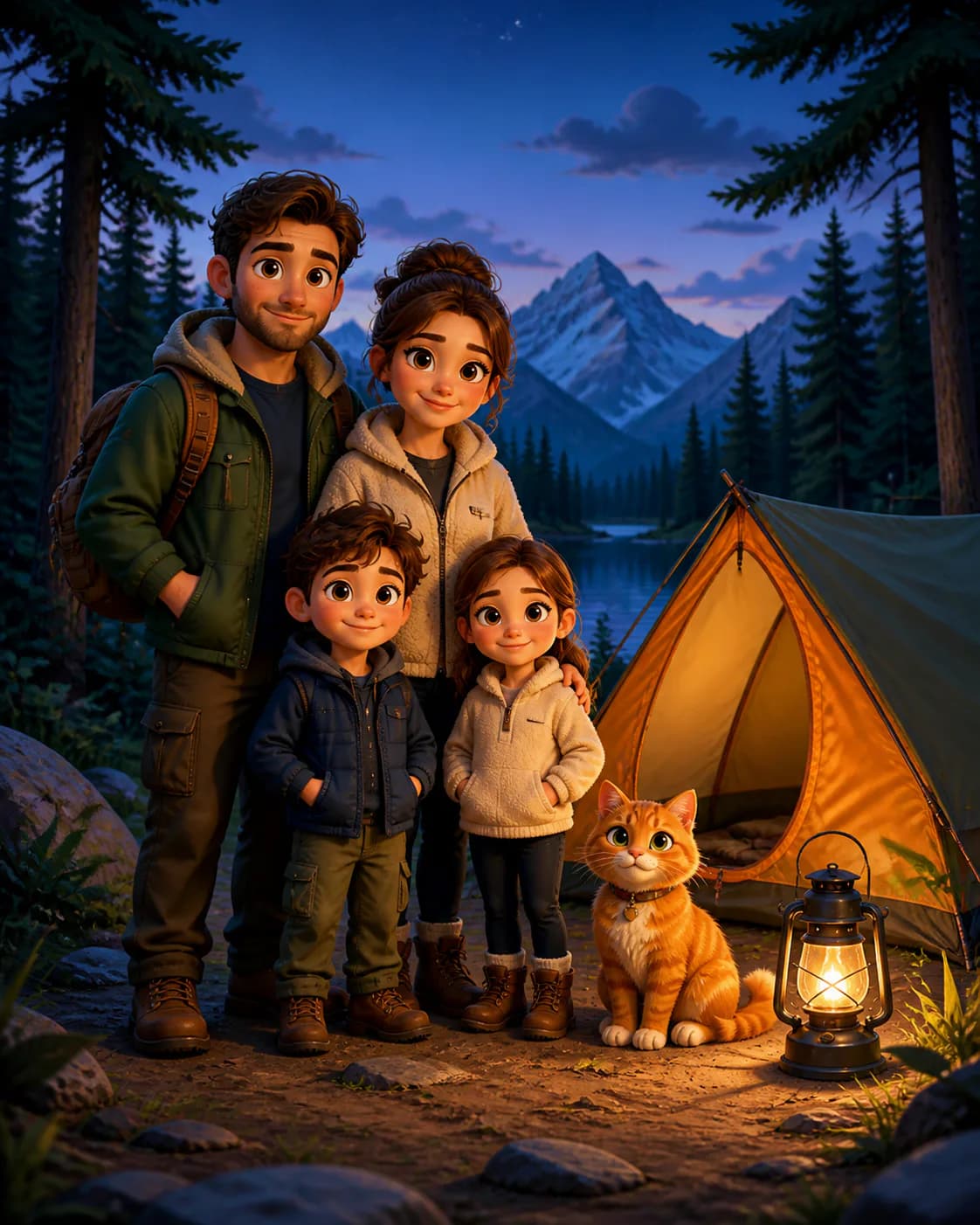 Transform an uploaded family camping photo into a polished 3D cartoon portrait with two parents, two children, their complete