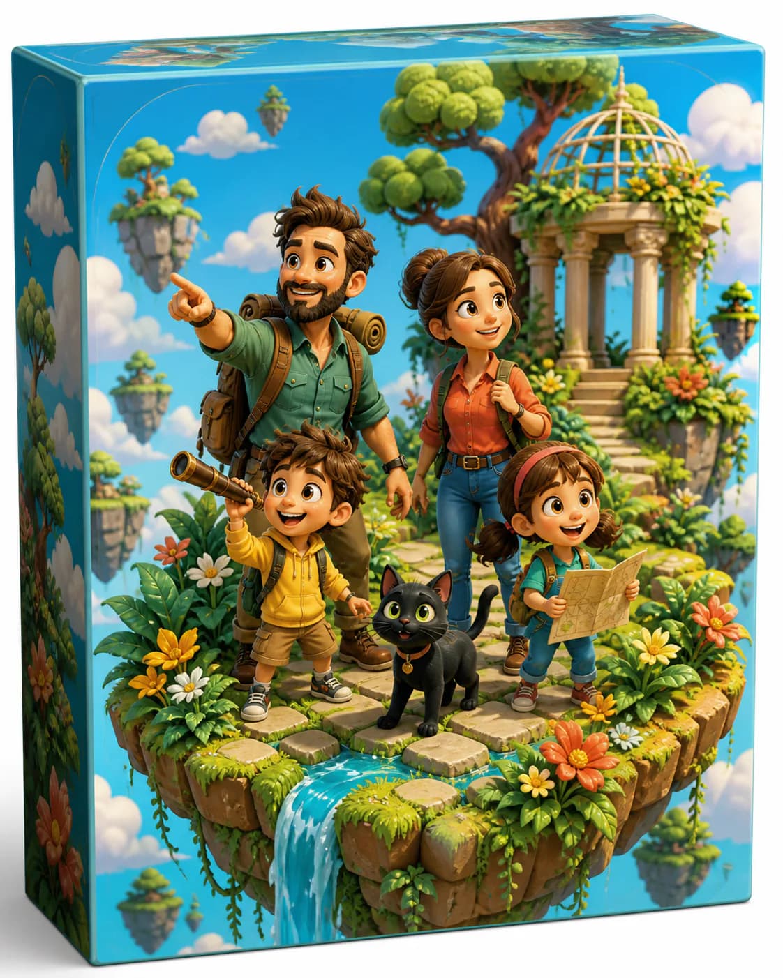Create a 3D cartoon family and pet game-box design with two parents, two children, a complete black cat, a floating garden is