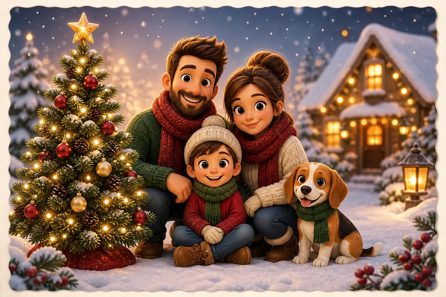 Create a festive 3D cartoon family and pet postcard design with two parents, one child, a complete beagle, winter scarves, a 