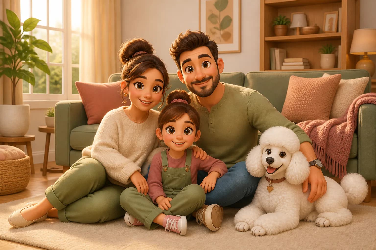 Transform an uploaded family photo into a warm 3D cartoon portrait with two parents, one child, and their complete white pet 