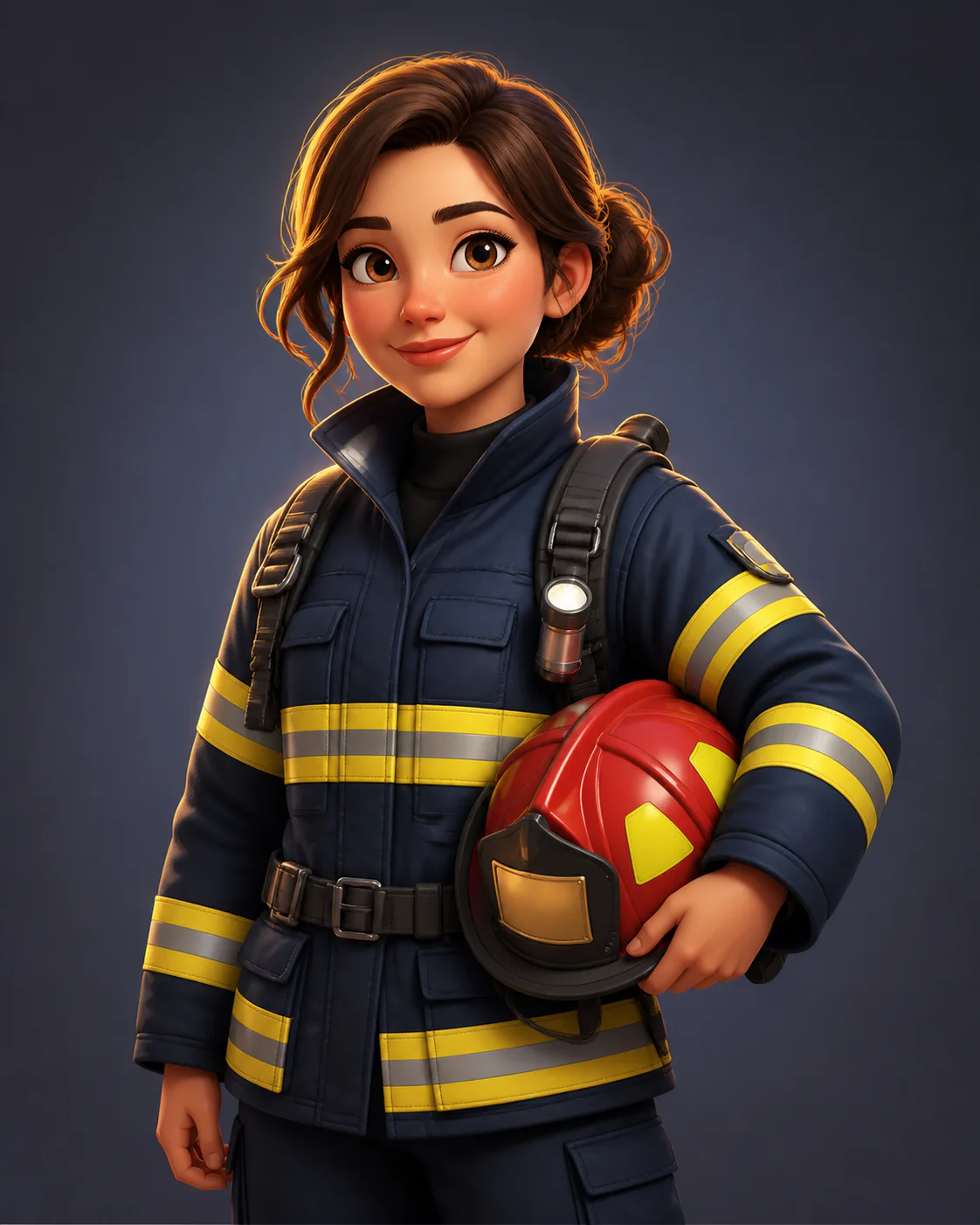 Transform a firefighter headshot into a heroic 3D cartoon profile picture character with a protective jacket, complete helmet