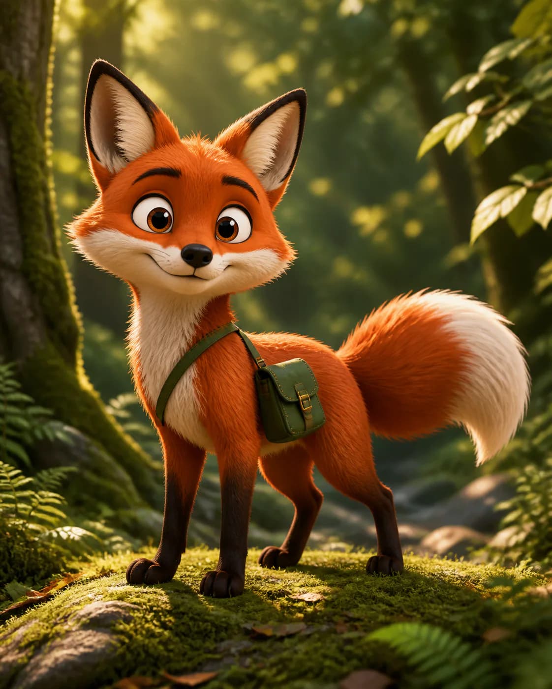 Create a full-body 3D cartoon pet fox character with a forest-green satchel, expressive friendly face, detailed fur, and the 