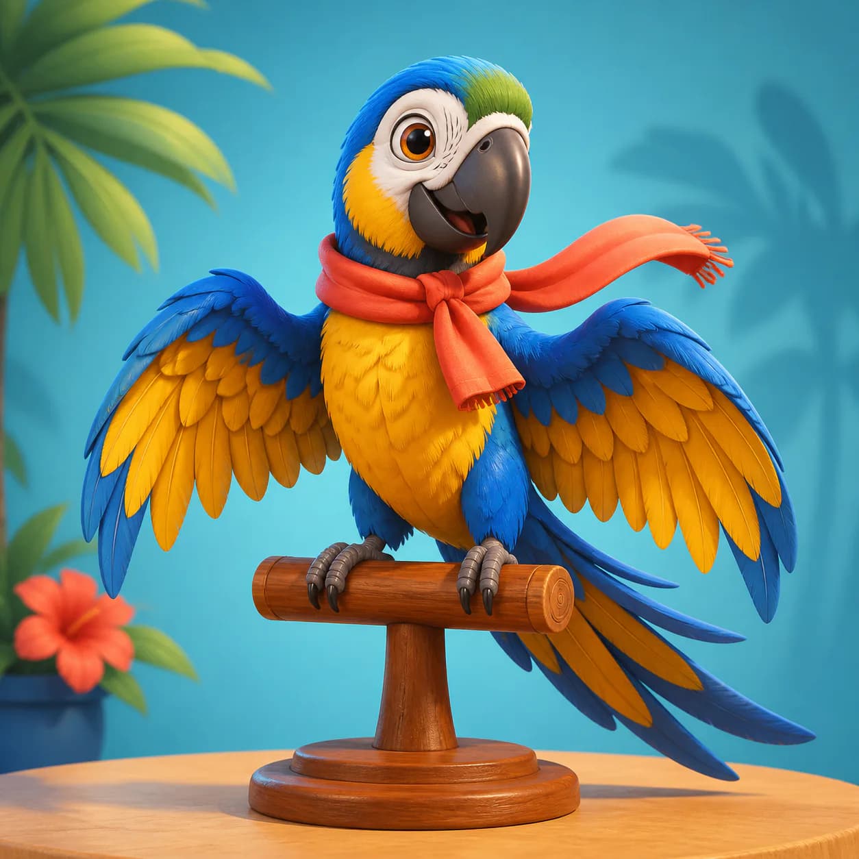 Create a complete 3D cartoon pet parrot character with blue-and-yellow feathers, a small aviator scarf, open wings, and a rou