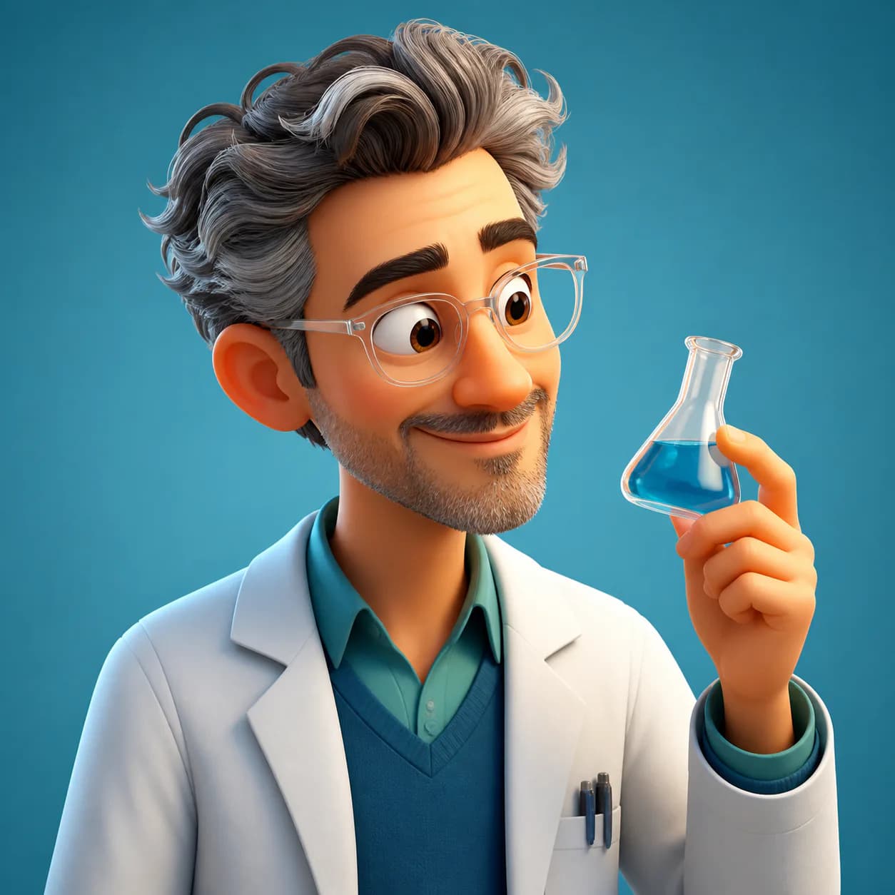 Transform a scientist headshot into a friendly 3D cartoon profile picture character with clear glasses, teal lab coat, a smal