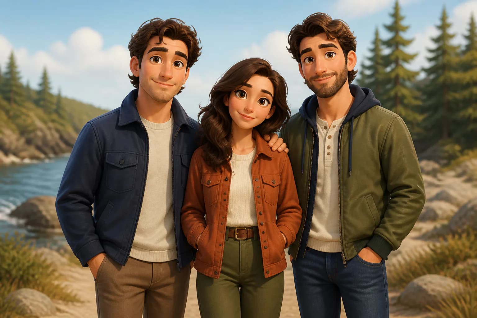 Transform a sibling family photo into a polished 3D cartoon portrait with three distinct adult character faces, coordinated j