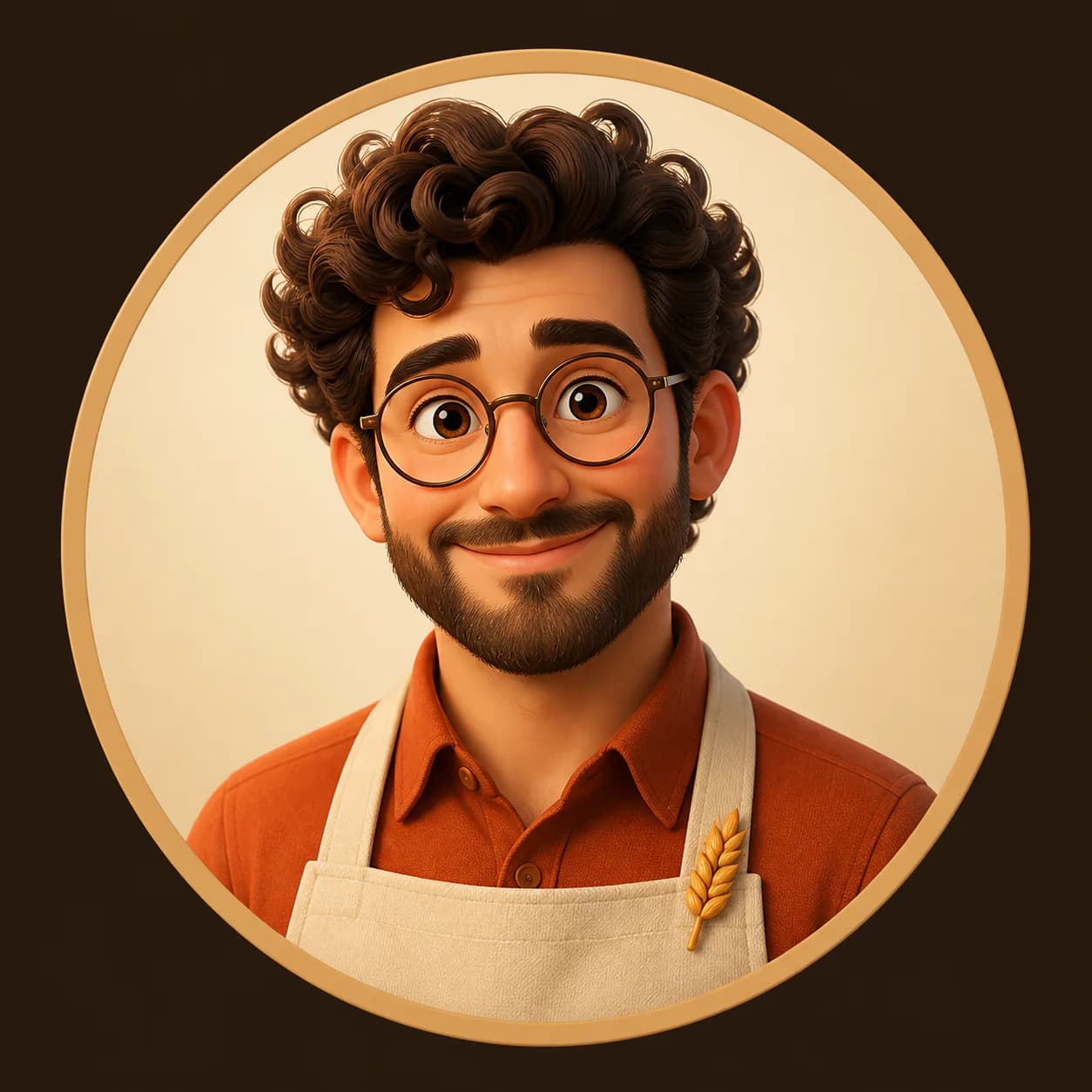 Transform a reference headshot into a friendly 3D cartoon profile picture for an artisan bakery brand, with round glasses, a 