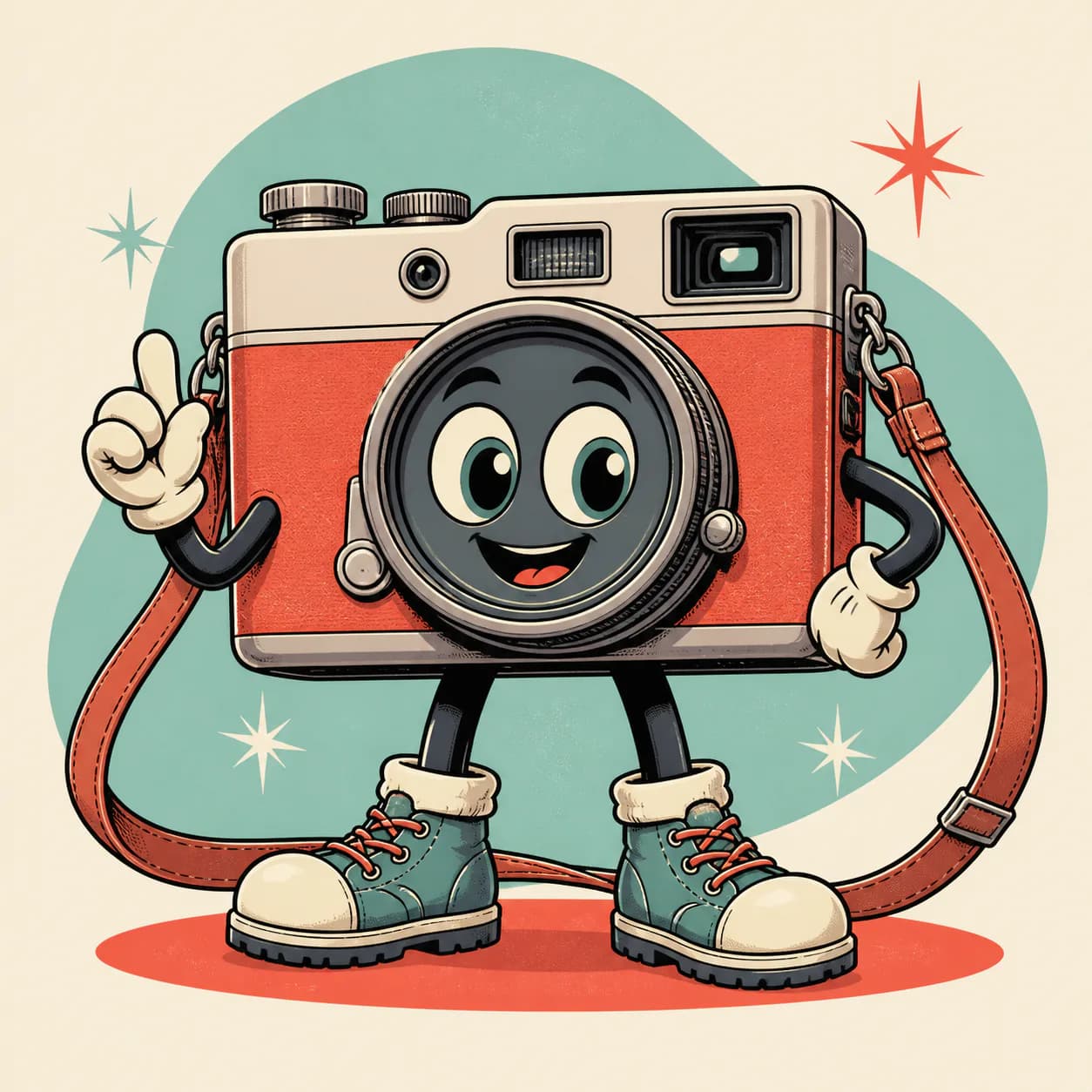 Transform a photo of a vintage camera into an original comic cartoon mascot character for a creative brand, with expressive l