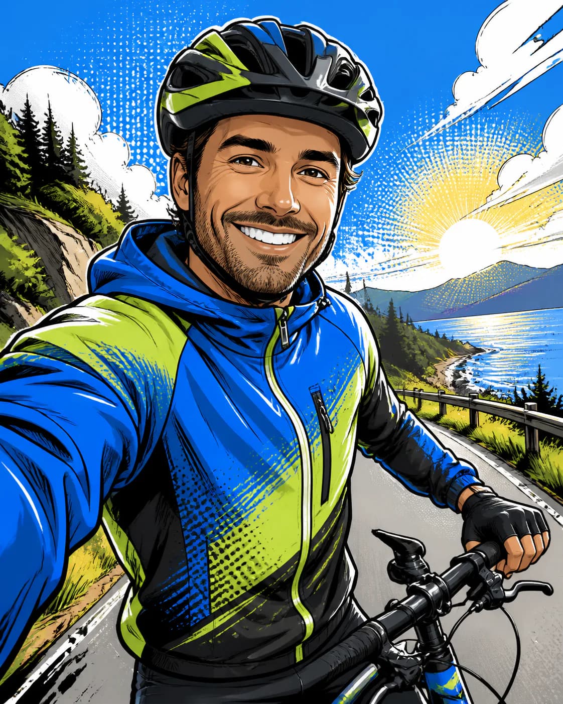 Transform a cyclist selfie into an energetic comic cartoon profile picture with a helmet, windbreaker, friendly expression, s