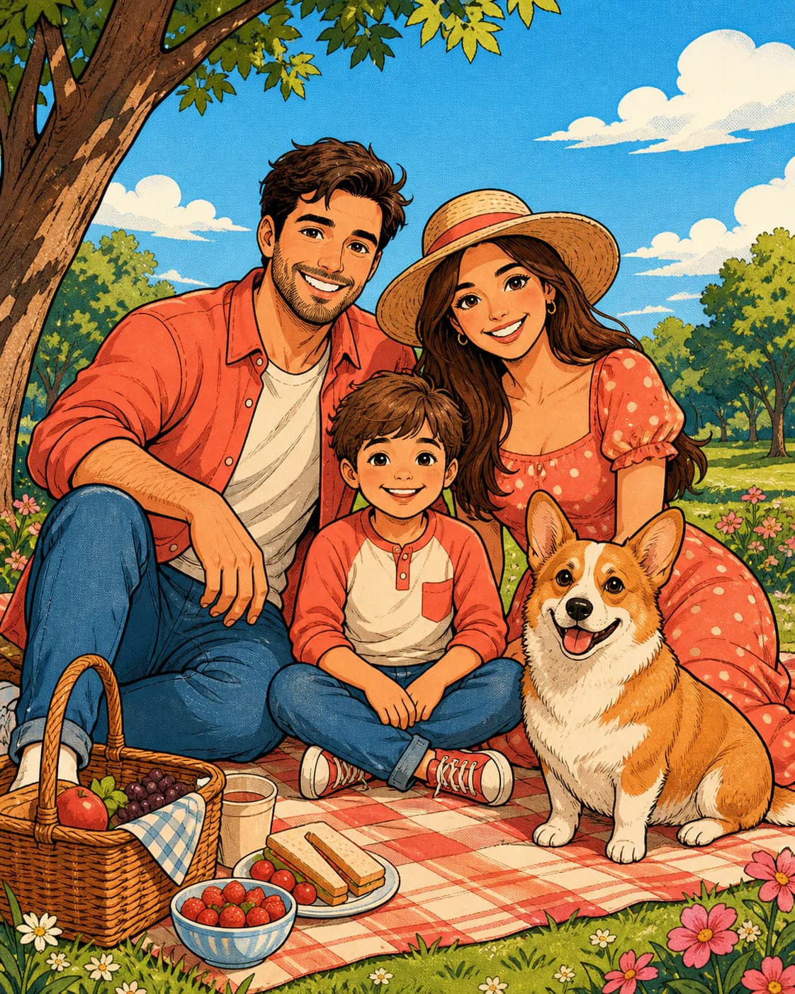 Transform a family photo into a warm comic cartoon picnic scene with two parents, one child, and their complete corgi, using 