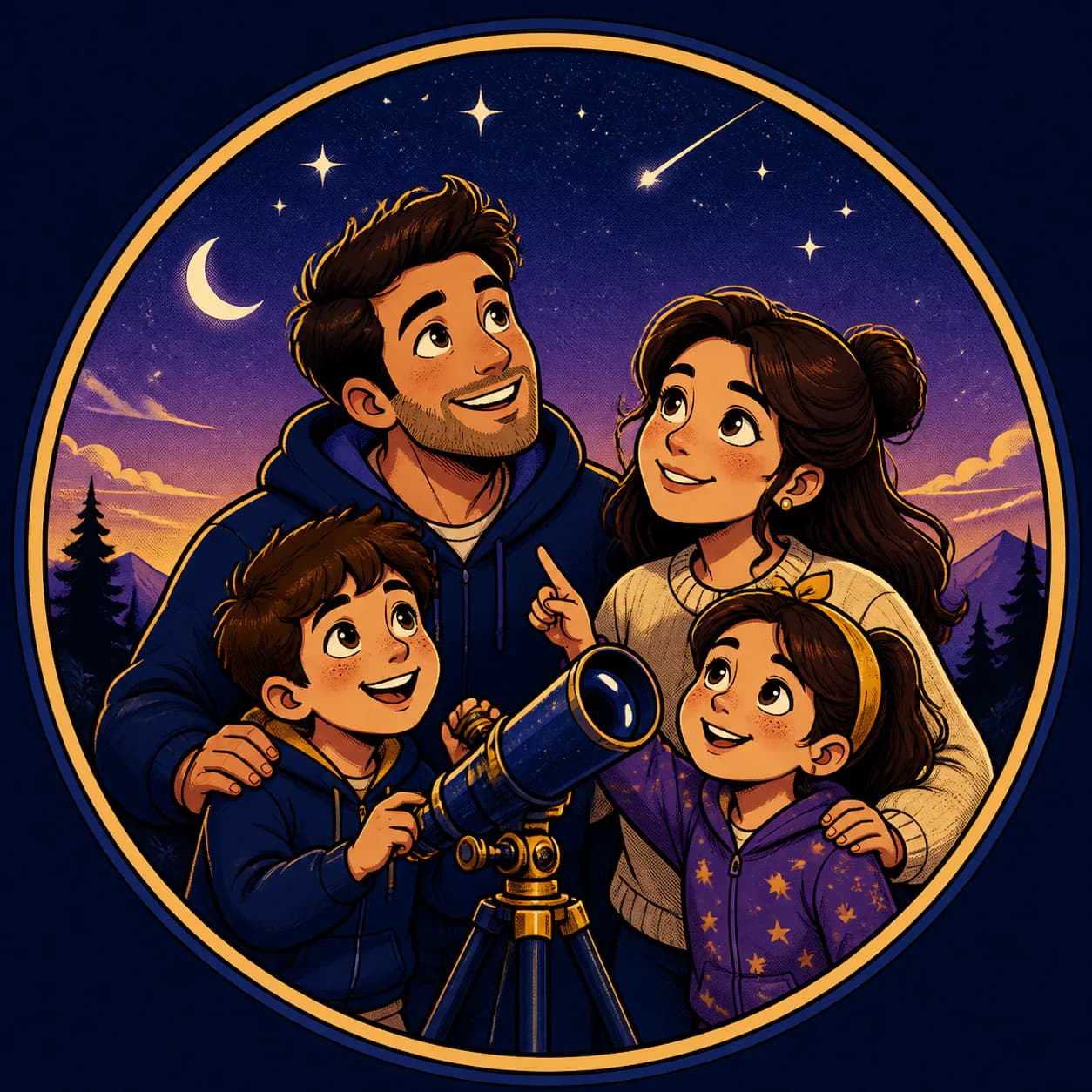 Create a comic cartoon family profile picture and brand badge with two parents, two children, a telescope, bold outlines, and
