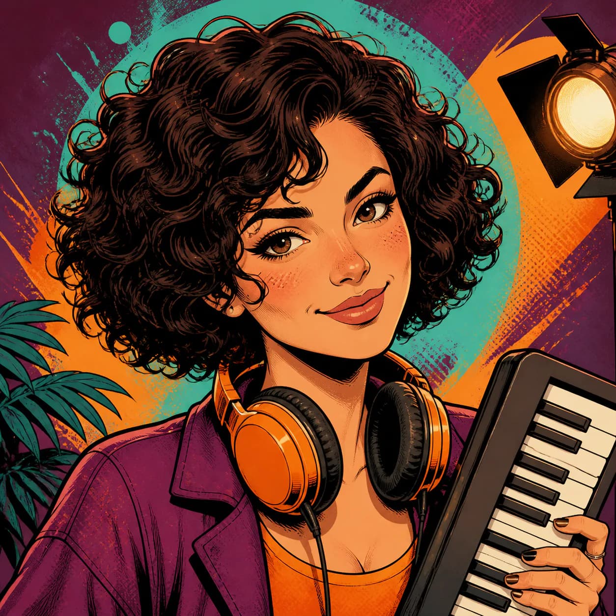 Comic cartoon profile picture of a musician with orange headphones
