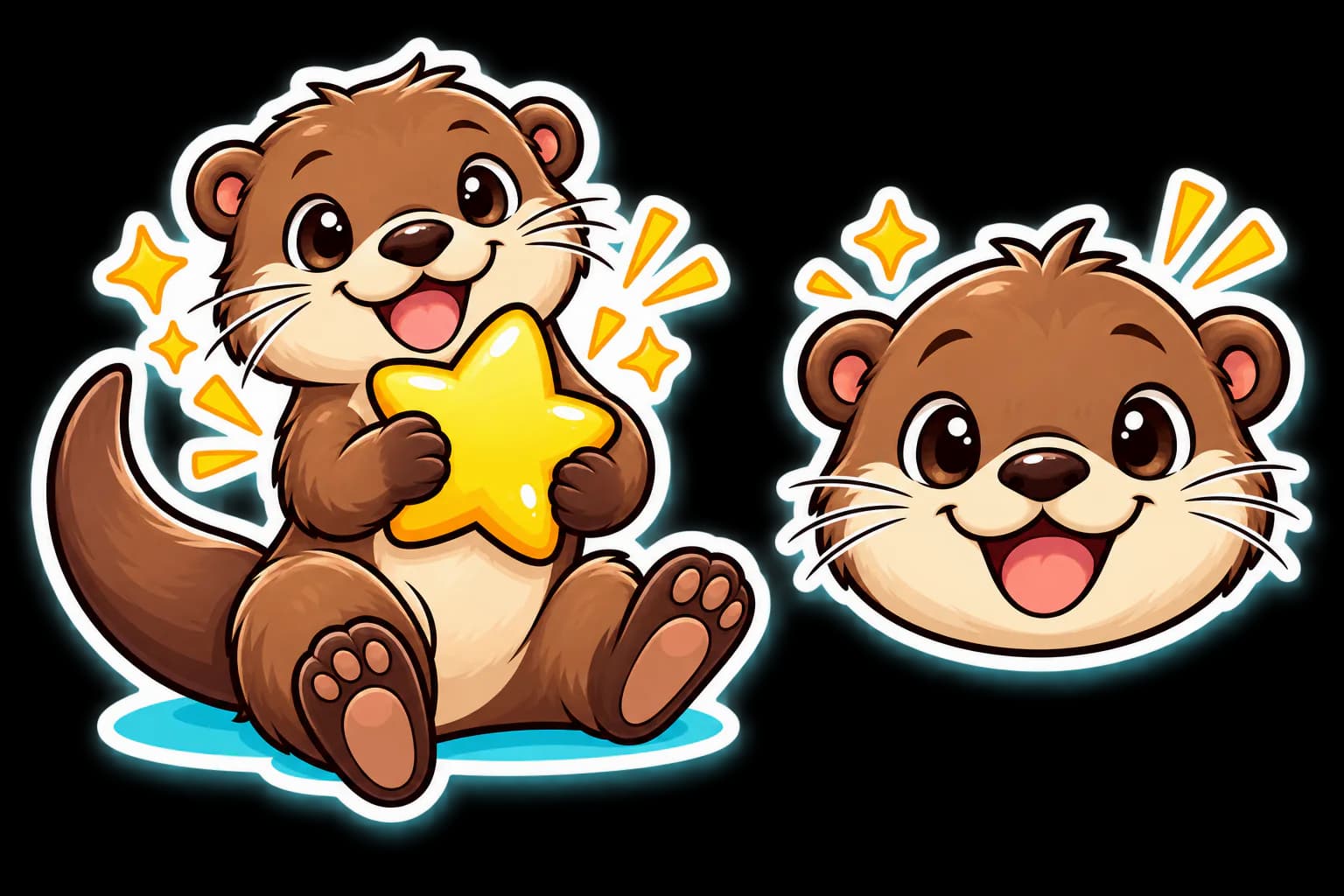 Cartoon AI prompt real output: Create a cheerful comic cartoon pet otter sticker and matching brand emblem, with a bold white