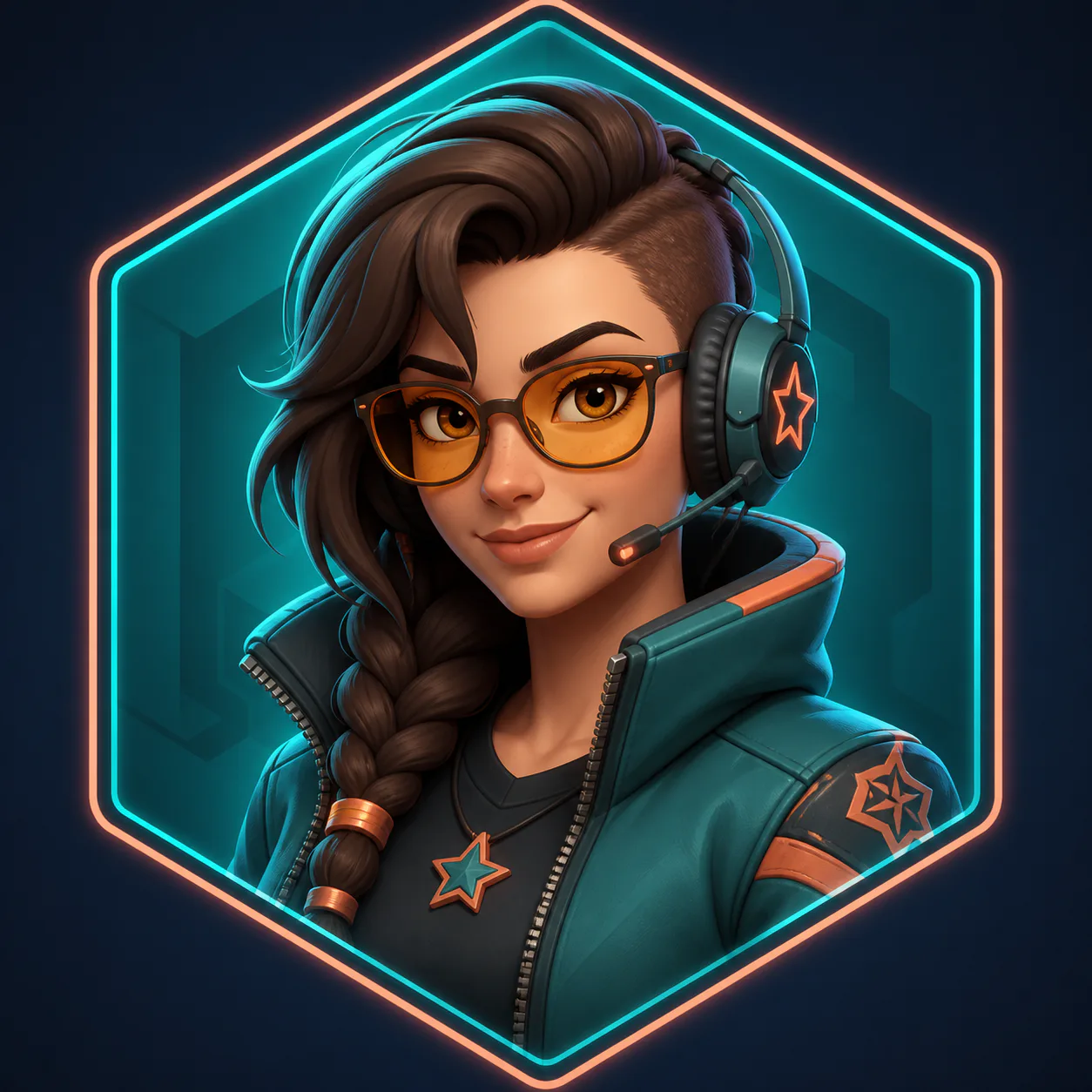 Transform a reference headshot into a neon 3D cartoon profile picture for a gaming brand, with a braided undercut, amber glas