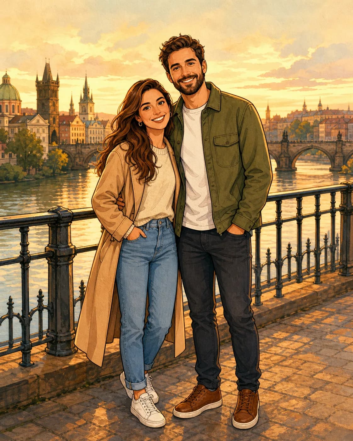 Transform a couple travel photo into a warm hand-drawn cartoon portrait on a European bridge, preserving both partners' recog