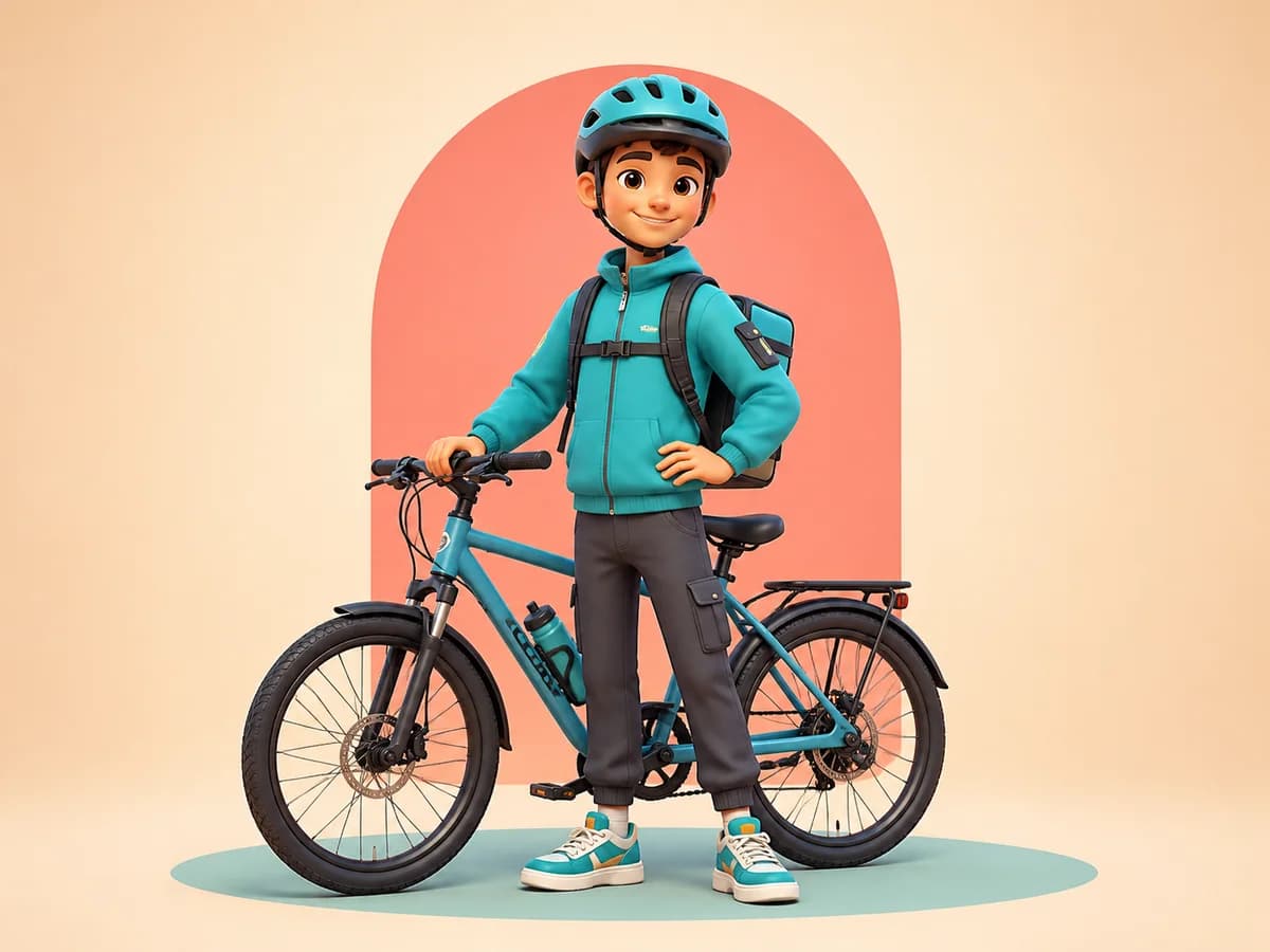 Full-body 3D cartoon bicycle courier with the complete bicycle visible
