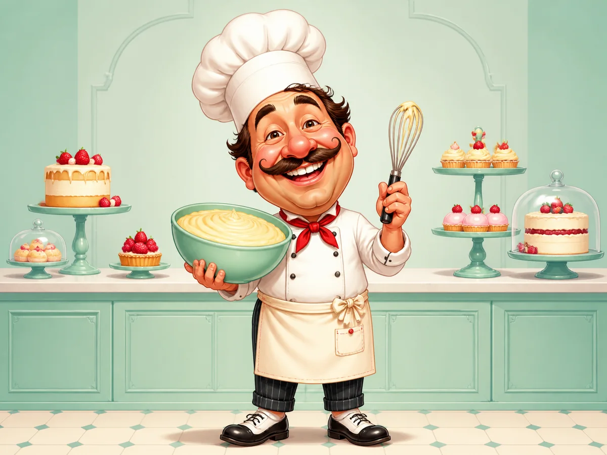 Joyful pastry chef caricature holding a complete bowl and whisk