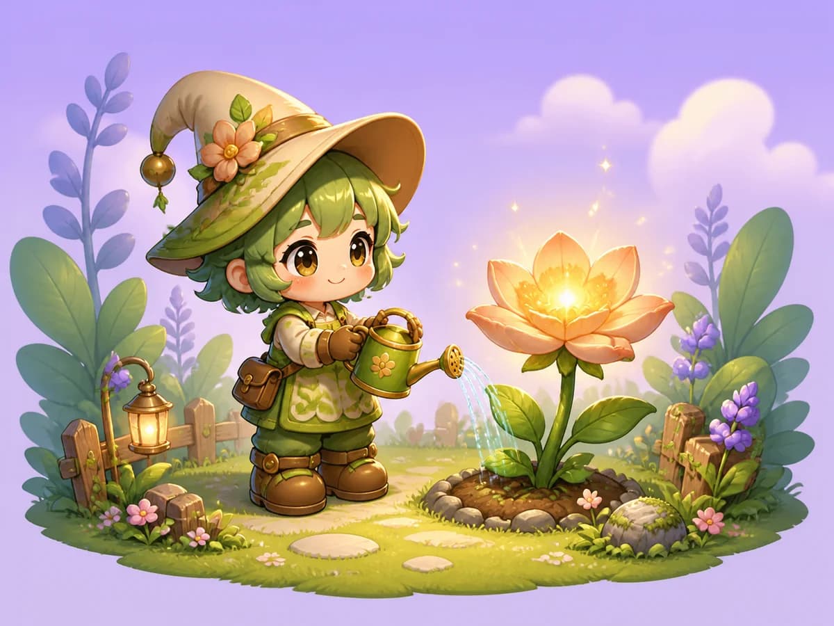 Complete chibi fantasy gardener watering a glowing flower