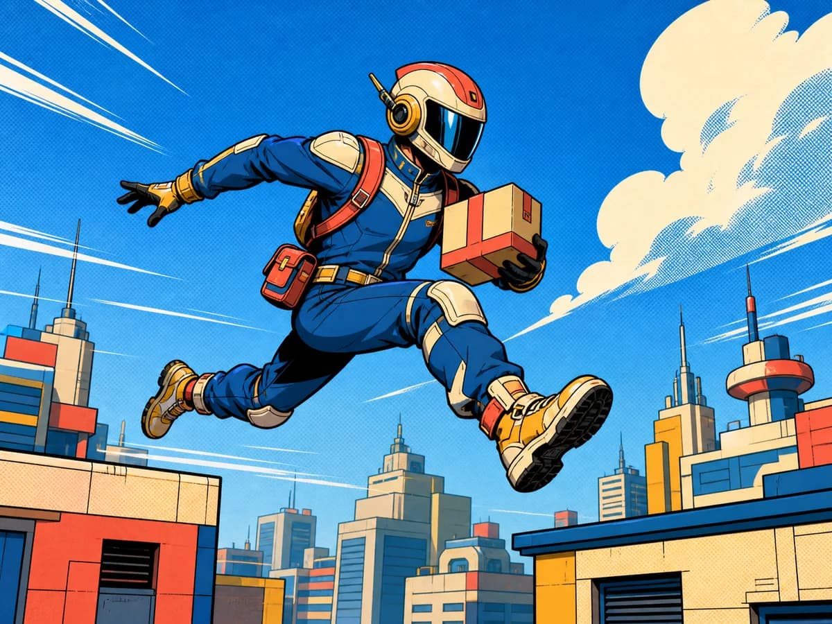 Original comic-book space courier leaping across a futuristic rooftop