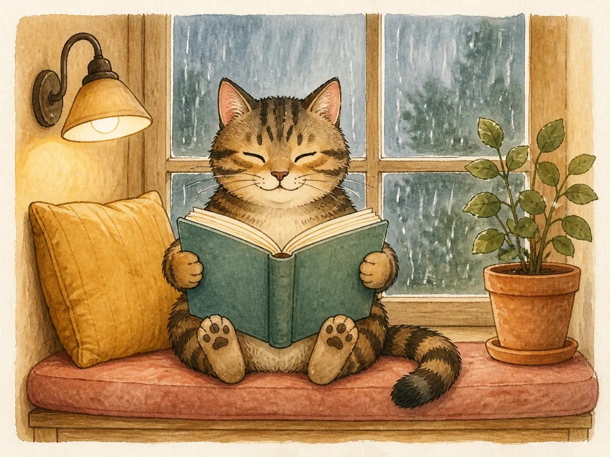 Hand-drawn watercolor cat reading a complete book in a rainy window nook